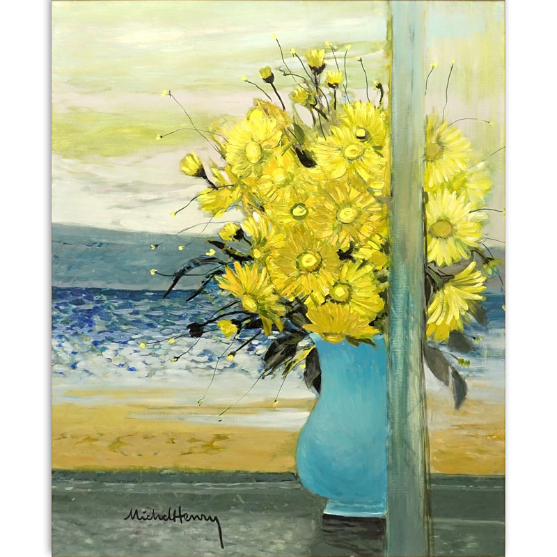 Michel-Henry, French (1928) Oil on canvas "Yellow Flowers On Terrace" Signed lower left