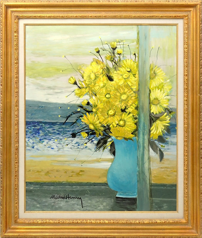 Michel-Henry, French (1928) Oil on canvas "Yellow Flowers On Terrace" Signed lower left