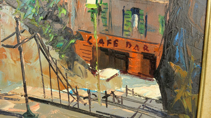 French School (20th Century) "Café Bar" Oil on Canvas Painting