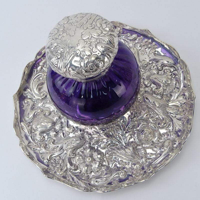 19th Century English Silver and Glass Inkwell and Tray