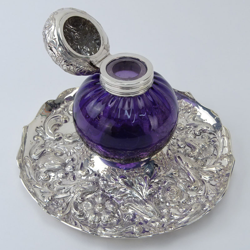 19th Century English Silver and Glass Inkwell and Tray