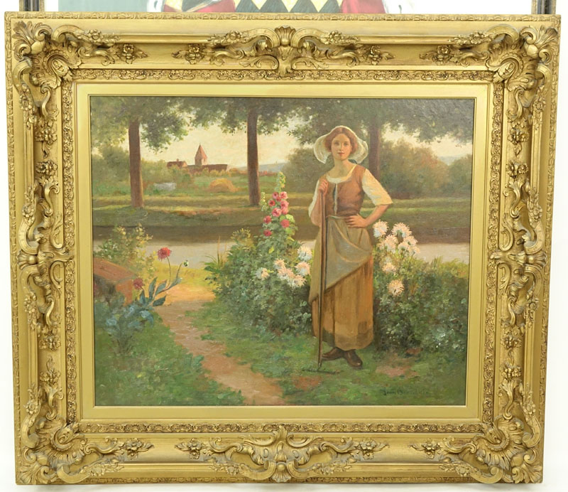 Jean Beauduin, Belgian (1851-1916) Oil on canvas "Maiden In Garden"