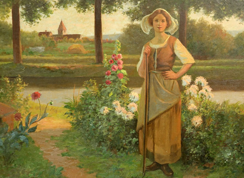 Jean Beauduin, Belgian (1851-1916) Oil on canvas "Maiden In Garden"