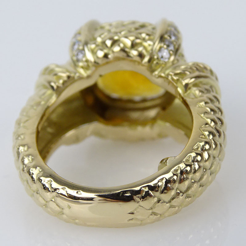 Vintage Criss Cross Cushion Cut Citrine, Diamond and 14 Karat Yellow Gold Ring