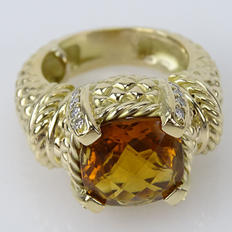 Vintage Criss Cross Cushion Cut Citrine, Diamond and 14 Karat Yellow Gold Ring