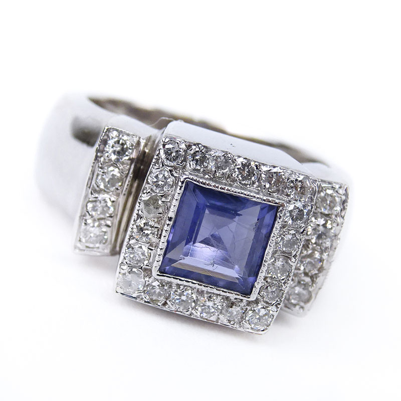 Vintage Square Cut Sapphire, Diamond and 14 Karat White Gold Ring