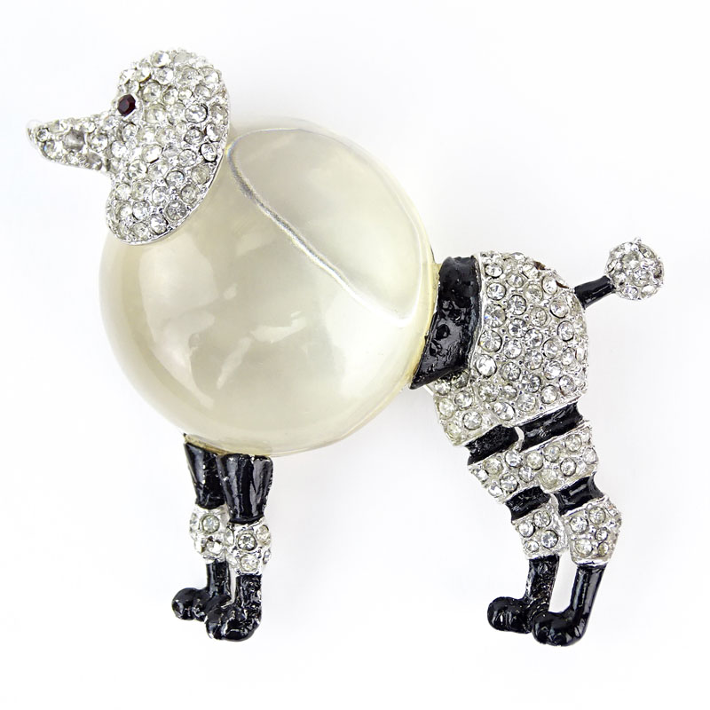 Vintage Costume Poodle Brooch, white metal, rhinestones, enamel and acrylic