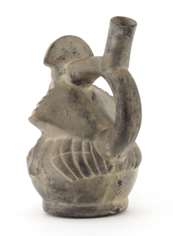 Pre Columbian or Later  Blackware Chimu Inca Figural Pottery Stirrup Vessel