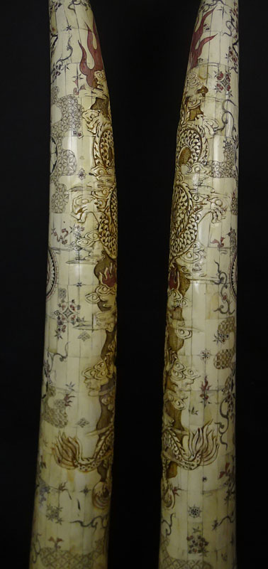 Pair of 20th Century Chinese Monumental Carved and Tessellated Bone Tusk Sculptures