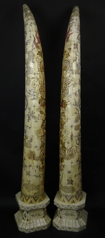 Pair of 20th Century Chinese Monumental Carved and Tessellated Bone Tusk Sculptures