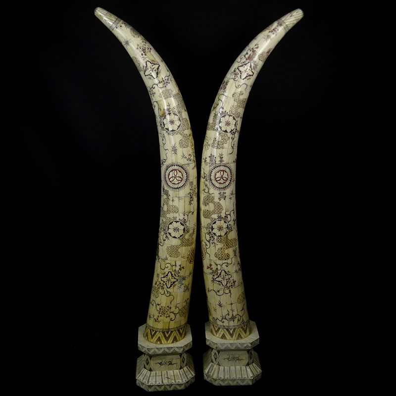 Pair of 20th Century Chinese Monumental Carved and Tessellated Bone Tusk Sculptures