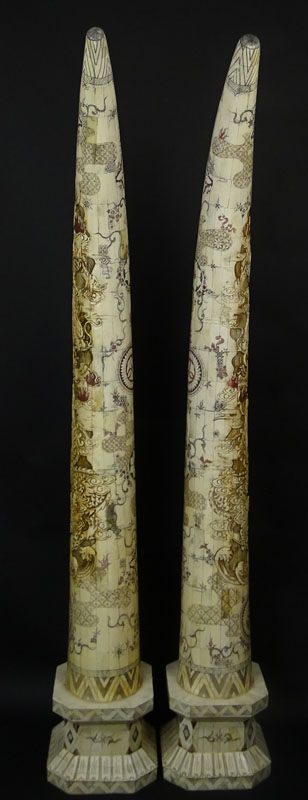 Pair of 20th Century Chinese Monumental Carved and Tessellated Bone Tusk Sculptures