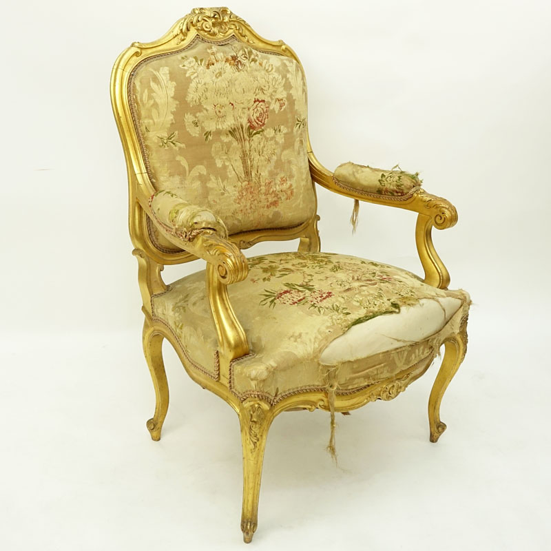 Louis XV Style Giltwood Upholstered Fauteuil