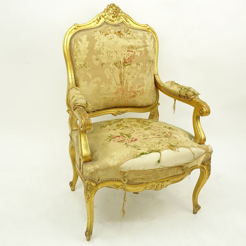 Louis XV Style Giltwood Upholstered Fauteuil