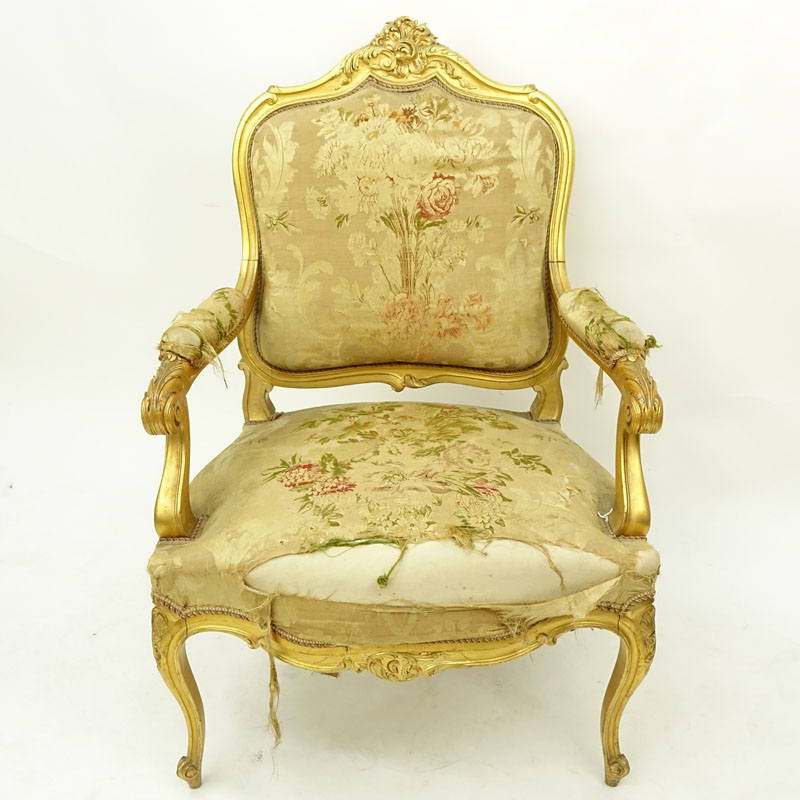 Louis XV Style Giltwood Upholstered Fauteuil