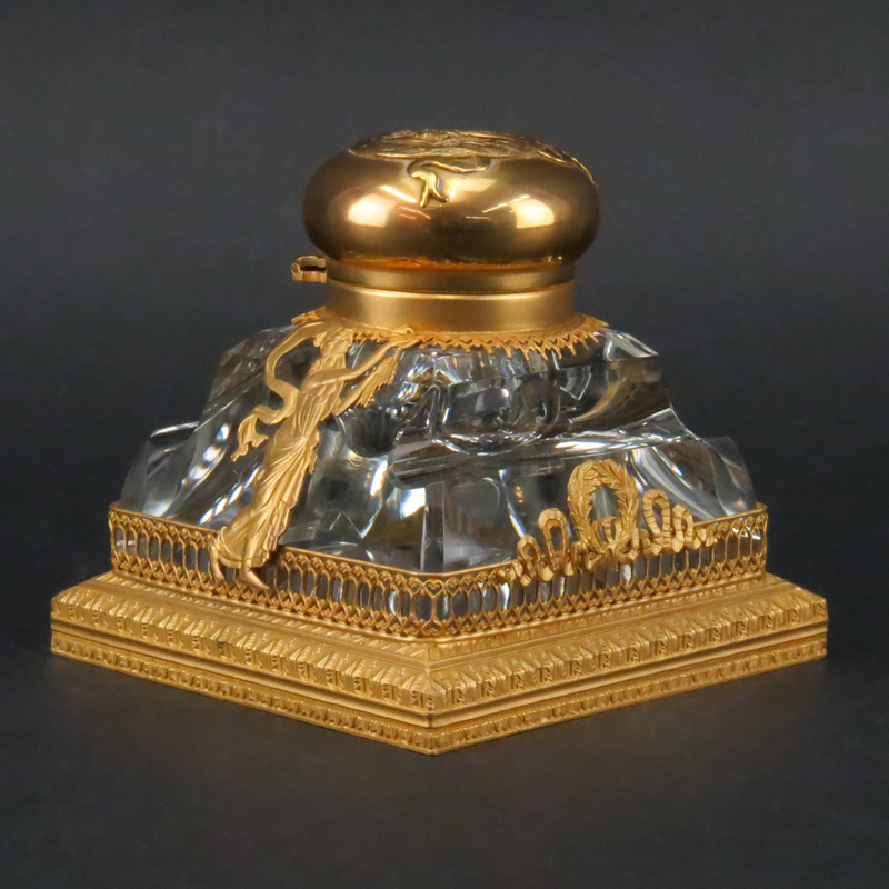 19th Century French Empire Ormolu Bronze And Possibly Baccarat Crystal Inkwell