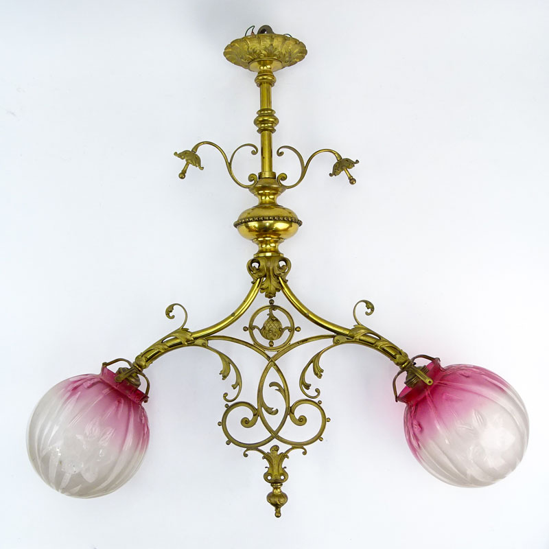 Antique Decorative Brass Light Fixture With Glass Globe Shades