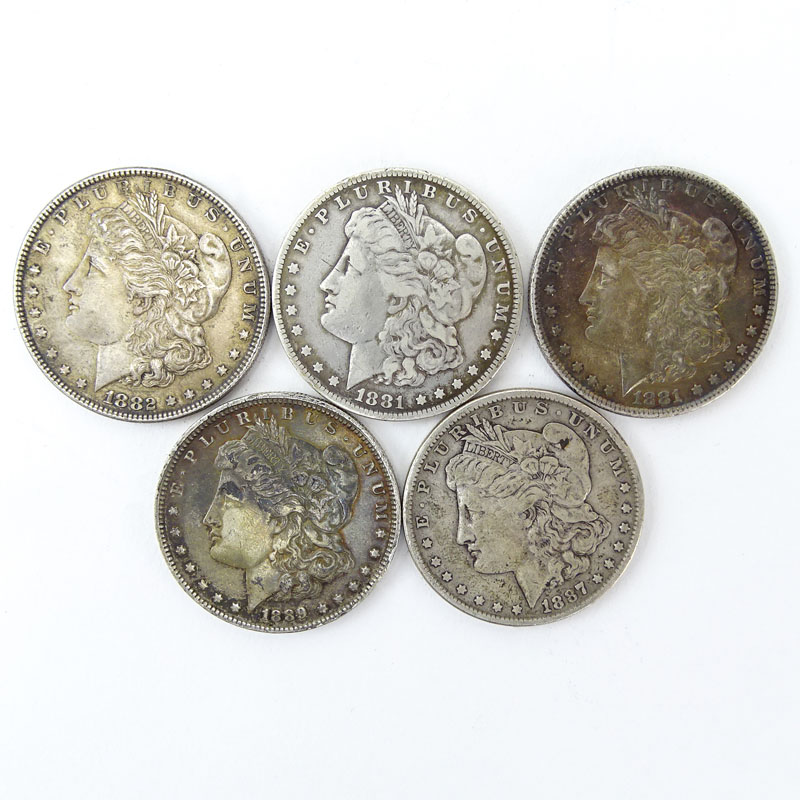 Lot of Five (5) 1881-1889 U.S. Morgan Silver Dollars.