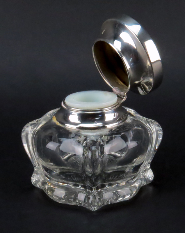 Modern Sterling Silver and Crystal Inkwell