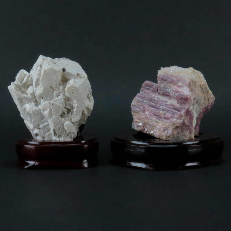 Two (2) Agate Mineral Specimens on Wooden Stands