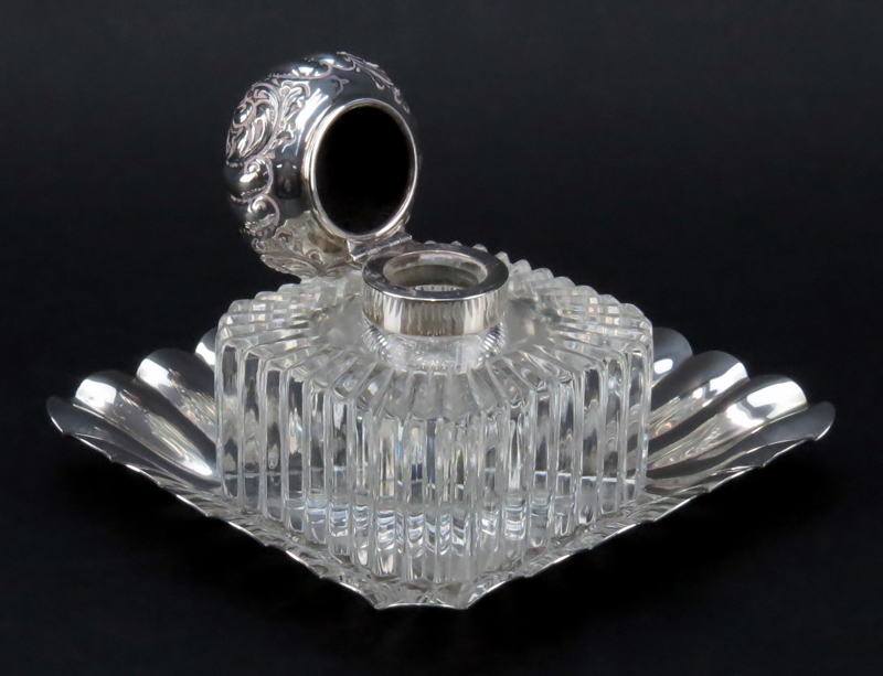 20th Century Sterling and Glass Inkwell and Tray