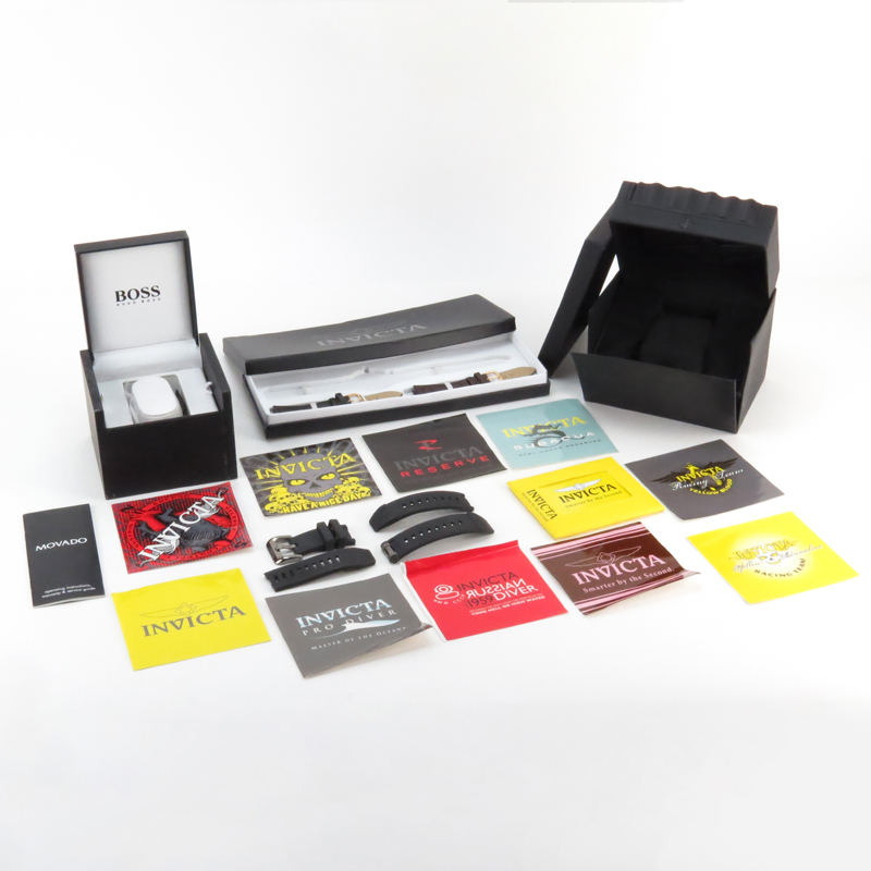 Collection of Assorted Watch Boxes, Promo Stickers, Strap Parts