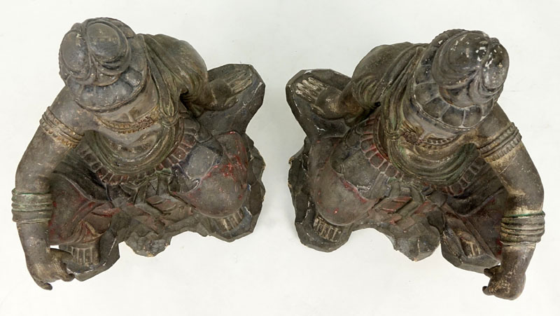 Pair Of Modern Asian Polychrome Carved Wood Buddha Figures