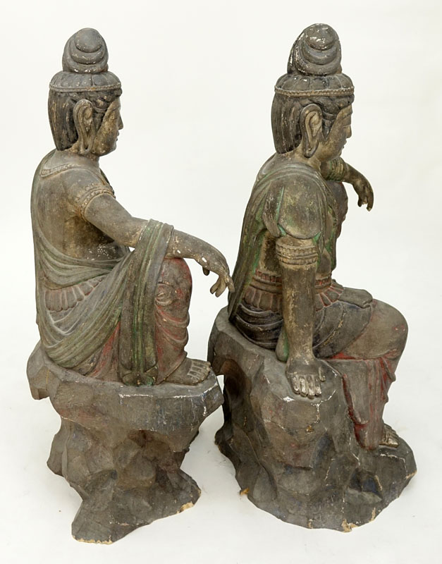 Pair Of Modern Asian Polychrome Carved Wood Buddha Figures