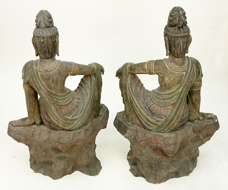 Pair Of Modern Asian Polychrome Carved Wood Buddha Figures