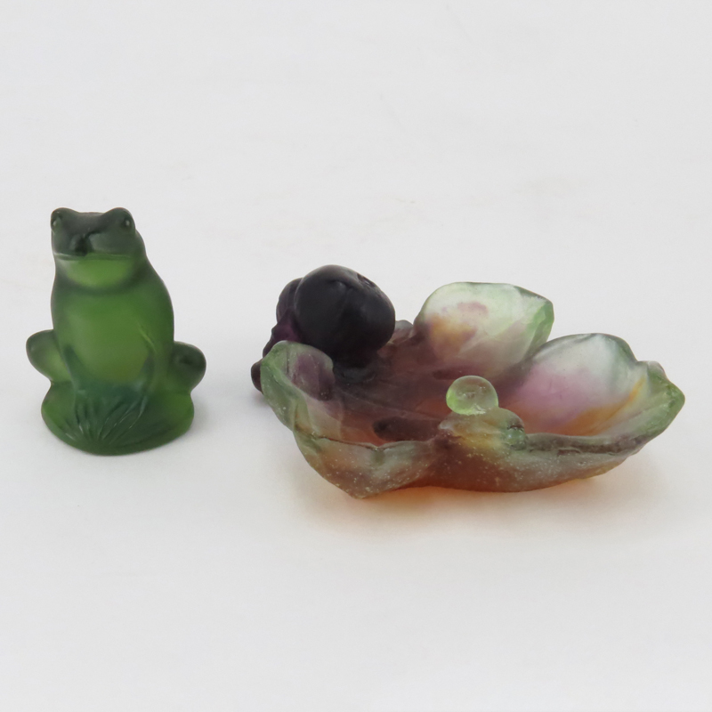 Vintage Daum France Pate de Verre Fig Leaf with Fig and Lalique France Glass Frog Figure