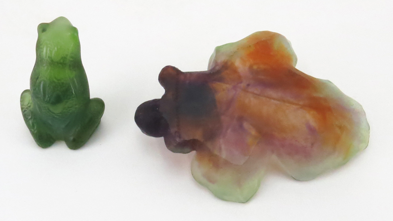 Vintage Daum France Pate de Verre Fig Leaf with Fig and Lalique France Glass Frog Figure