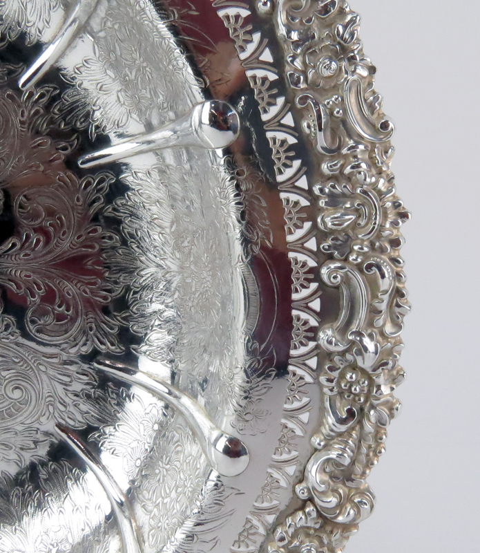 Antique English Ellis Barker Silver Plate Shallow Bowl with Pierced Rim and Relief Floral Border