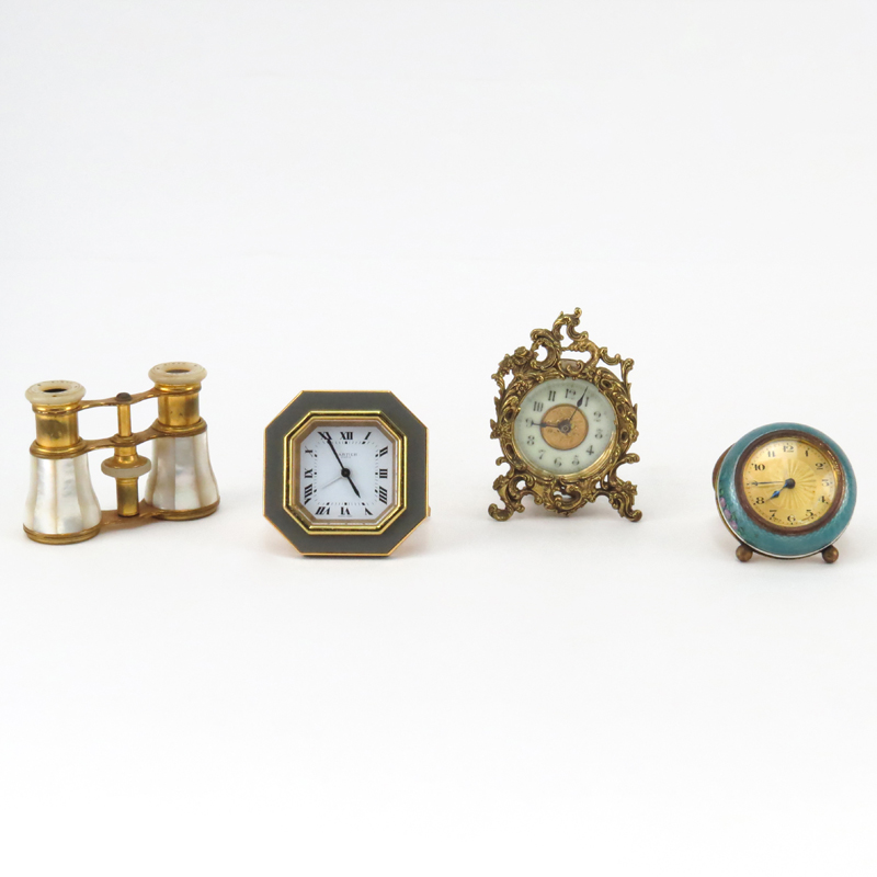 Collection of Three (3) Vintage Miniature Clocks Including a Cartier Alarm Clock with Enamel, Ansonia Gilt Metal Rococo style Alarm Clock, a German Alarm Clock with Guilloche Enamel and a Pair of French Opera Glasses with Mother of Pearl