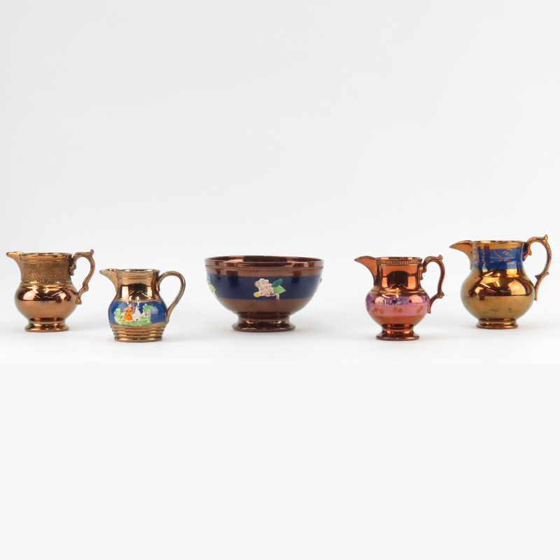 Collection of Five (5) Pieces Antique Copper Lusterware Faience including Four (4) Pitchers and One (1) Bowl