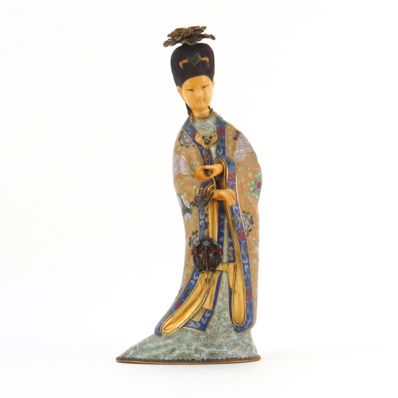 Early 20th Century Chinese Cloisonné Enamel and Polychrome Courtesan Figurine in Original Fitted Box