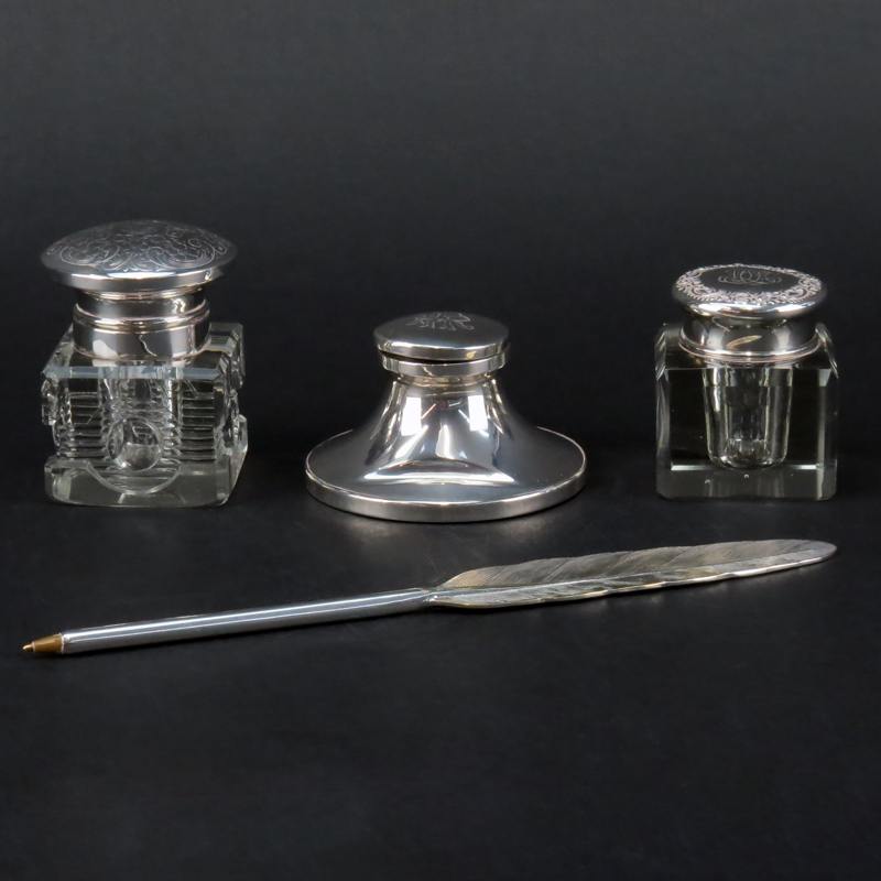 Collection of Three (3) Glass and Silver Inkwells and a Silver Plate "Quill" Pen