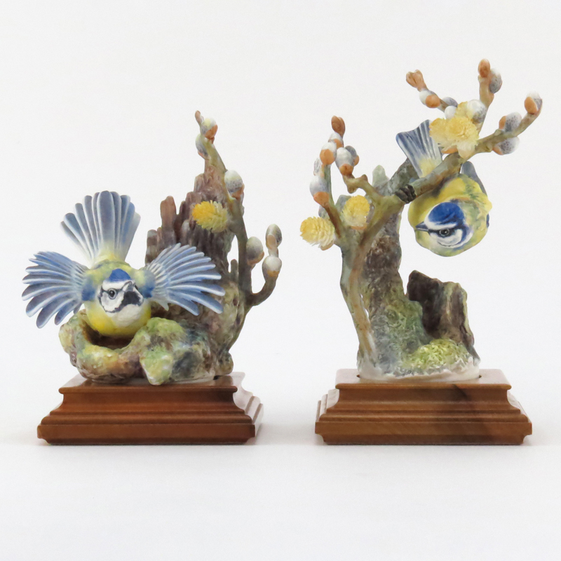 Two Royal Worcester Dorothy Doughty Porcelain Bird Groups "Blue Tit Parus Caeruleus and Pussy Willow" In Original Wood Stands