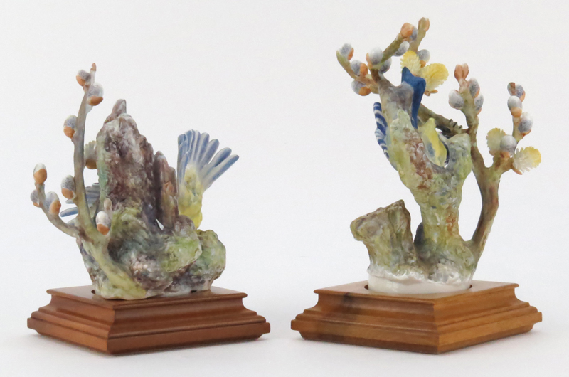 Two Royal Worcester Dorothy Doughty Porcelain Bird Groups "Blue Tit Parus Caeruleus and Pussy Willow" In Original Wood Stands