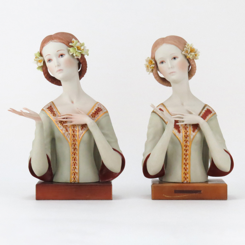 Two (2) Matching Cybis Polychrome Third Quarter Porcelain Bust Figurines Mounted on Wooden Bases