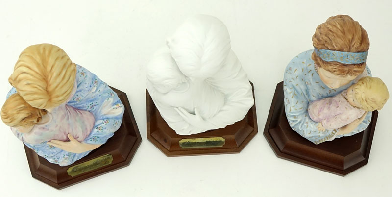 Three (3) Edna Hibel Porcelain Sculptures "Mother And Child" On Wood Bases