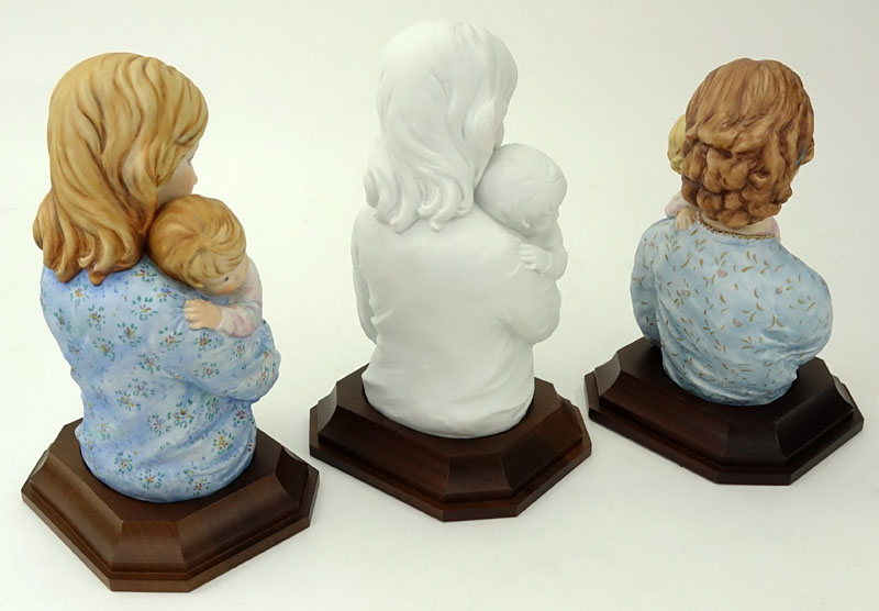 Three (3) Edna Hibel Porcelain Sculptures "Mother And Child" On Wood Bases