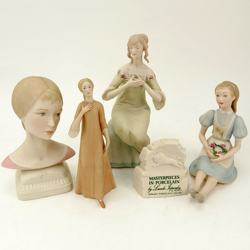 Group of Four (4) Laszlo Ispanky Porcelain Figurines and Advertising Sign