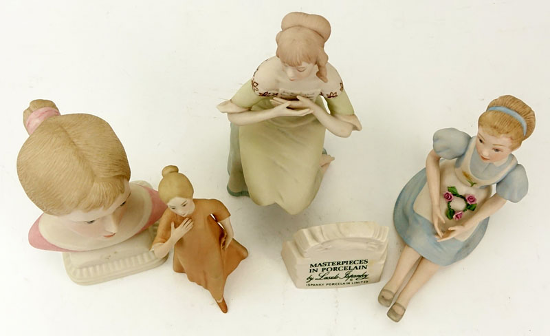 Group of Four (4) Laszlo Ispanky Porcelain Figurines and Advertising Sign