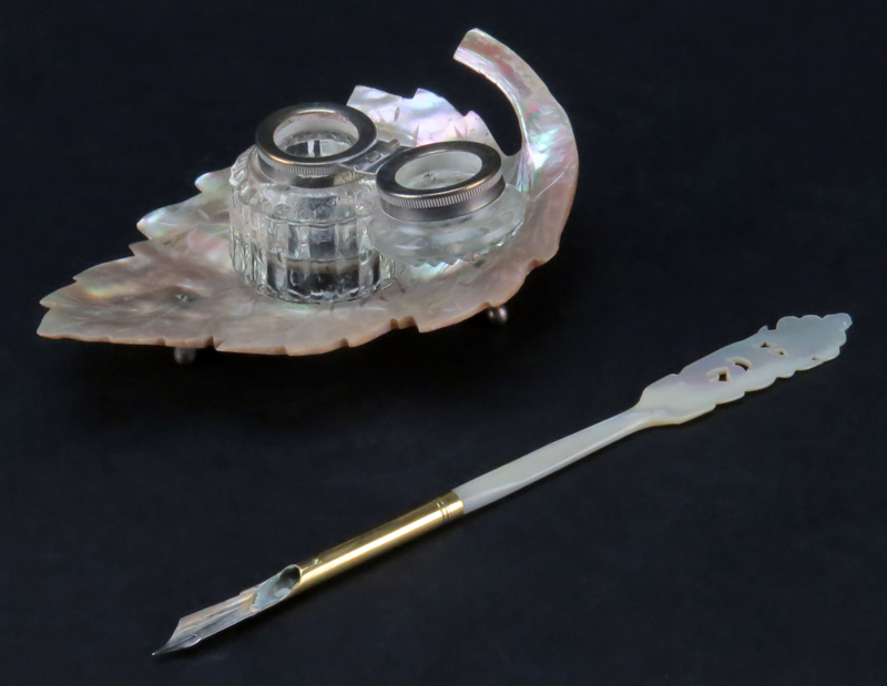 Vintage Sengbusch Mother of Pearl Inkwell and Dip Pen