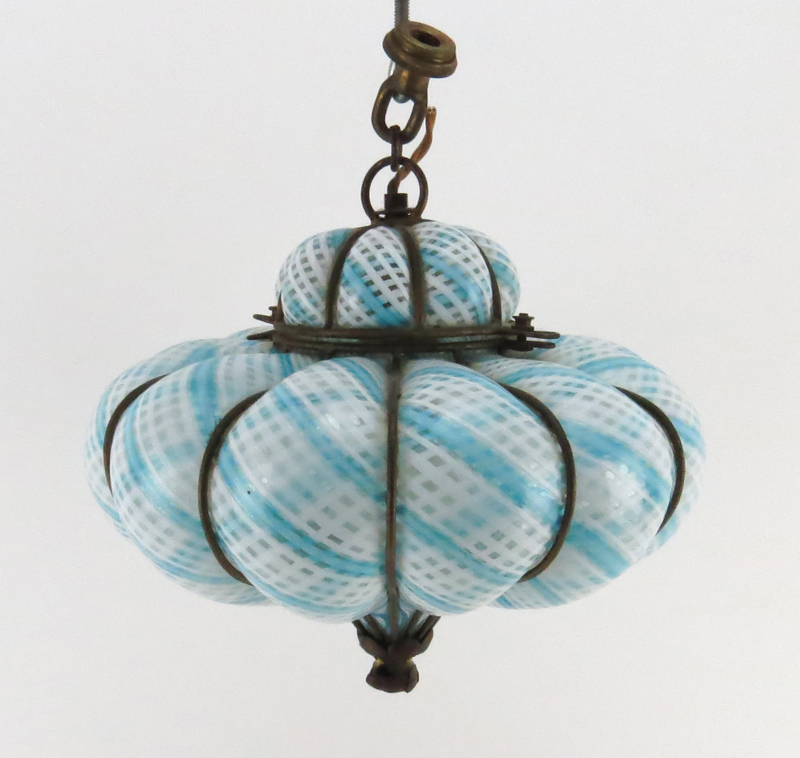 Mid Century Seguso Murano Latticino Caged Art Glass Hanging Light/Chandelier