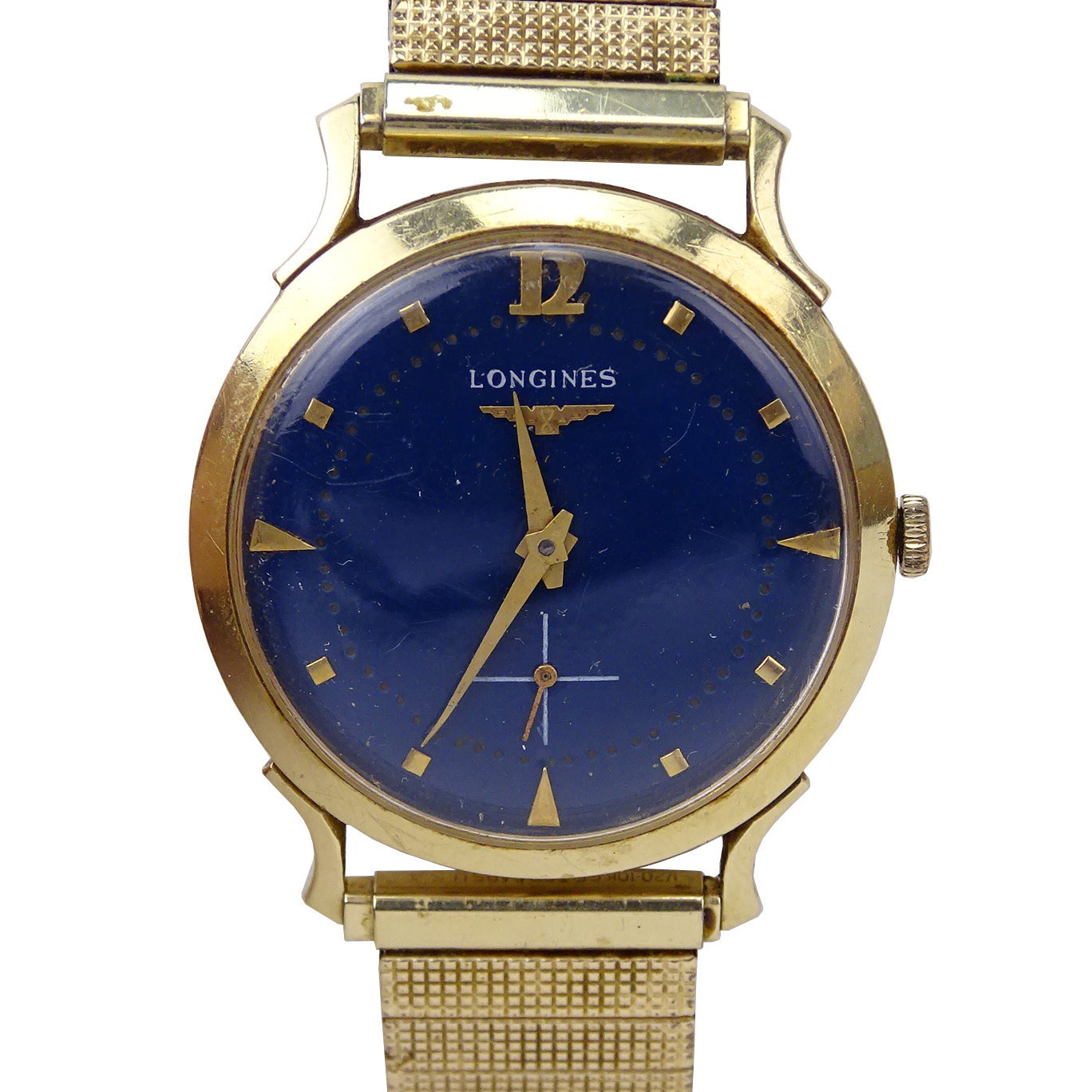 Man's Circa 1950s Longines Wittnauer 14 Karat Yellow Gold Watch with Blue Enamel Dial, Manual Movement and Twist on metal Bracelet