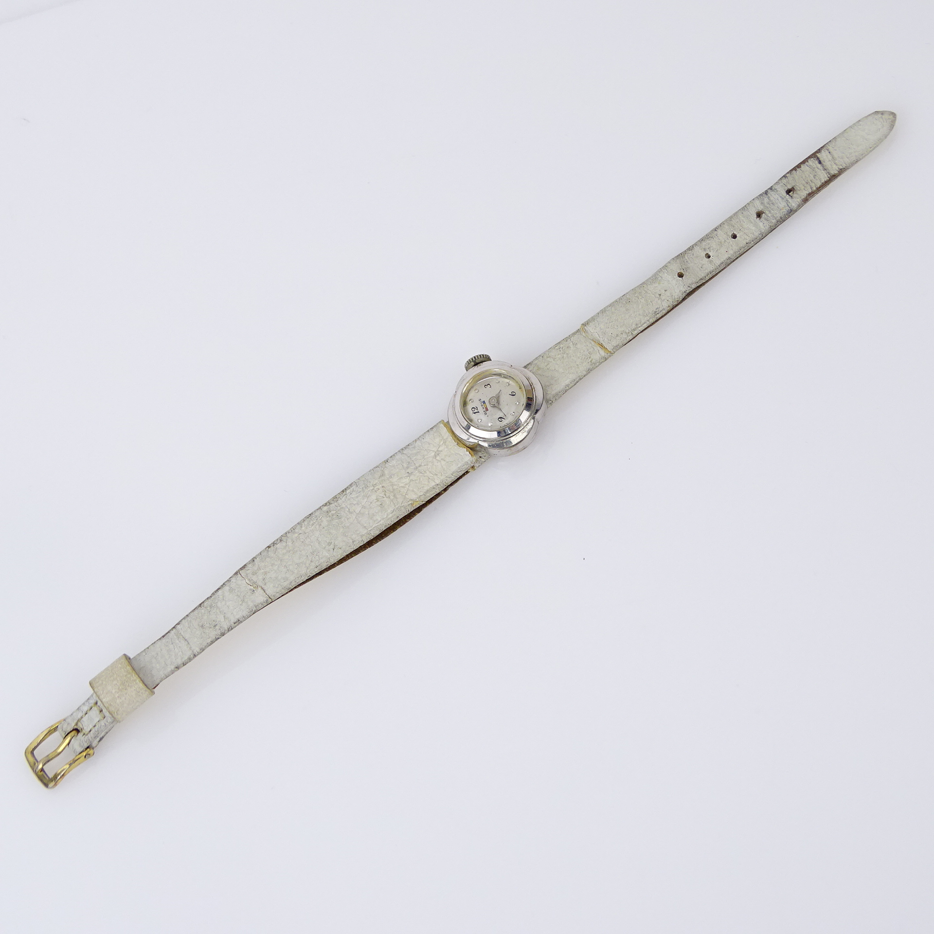 Lady's Vintage 14 Karat White Gold Manual Movement Watch with Leather Strap