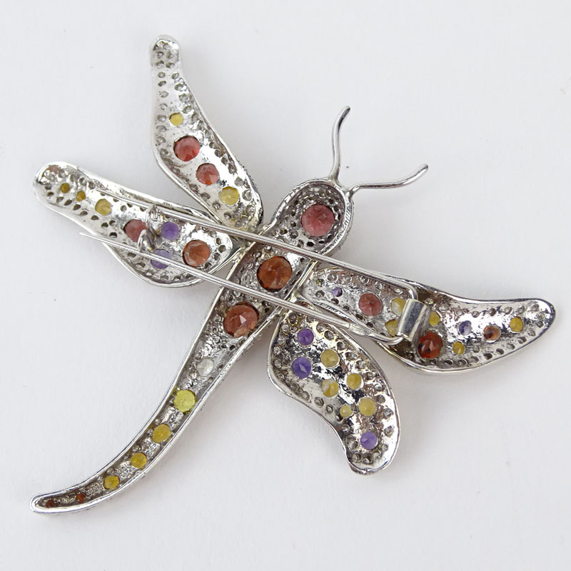 Diamond, Yellow Sapphire, Amethyst, Garnet and 18 Karat White Gold Dragon Fly Brooch