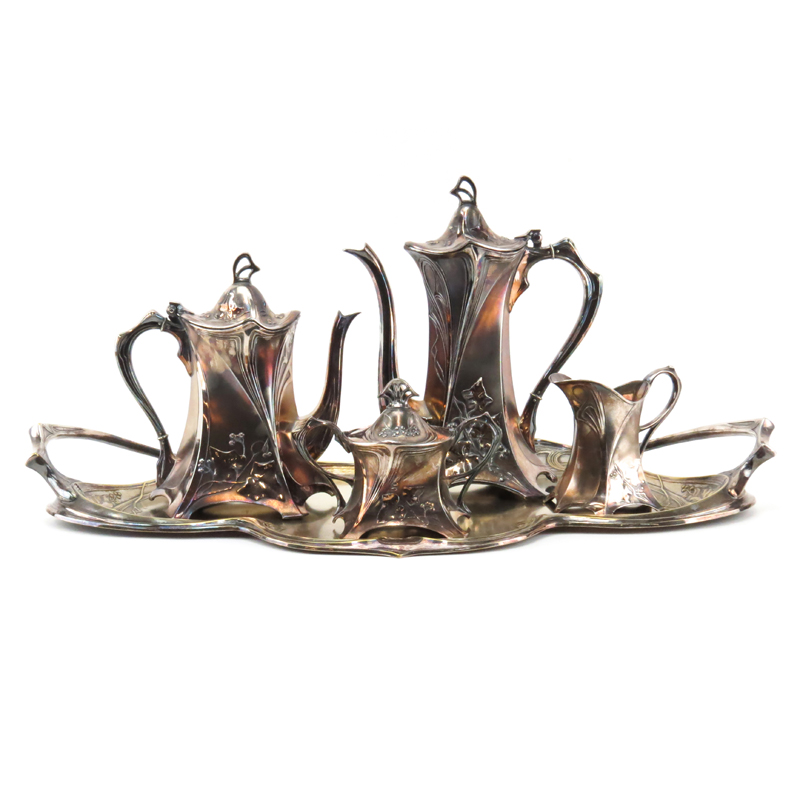 Antique Five (5) Pc Württembergische Metallwarenfabrik (WMF)  Art Nouveau Silver Plate Tea Set