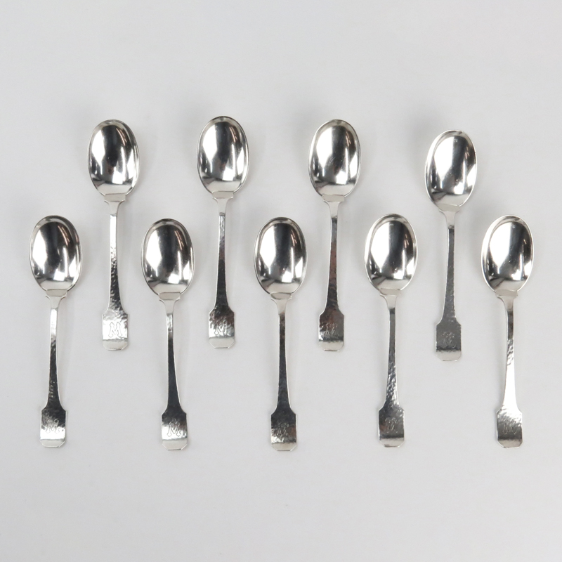Nine (9) Antique Shreve & Co Hand Hammered Sterling Silver Teaspoons in the Norman Pattern
